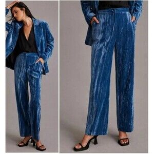 STELLA NOVA Livi Blue Crushed Velvet Straight Leg Pant Size 38 (US 8)